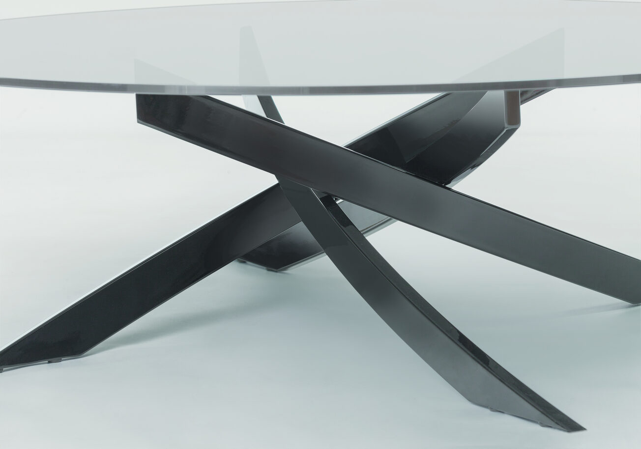 Round Artistico coffee table with glass top, close view of leg detail by bontempi
