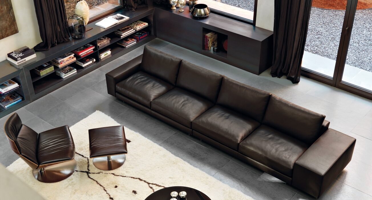 This is a brown leather modular sofa