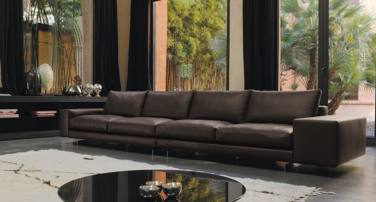 This is a brown leather modular sofa